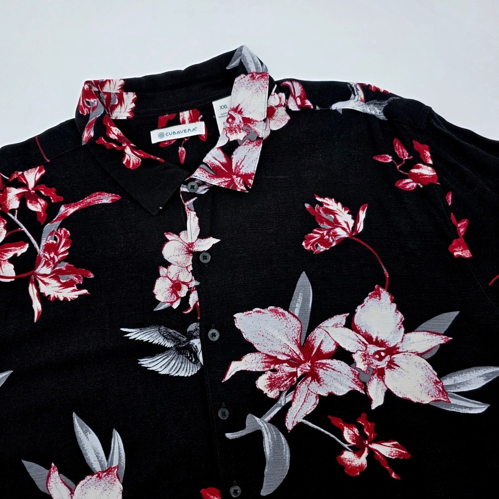 Cubavera Mens XXL Black Floral Bird Print Short Sleeve Button Down Tropical